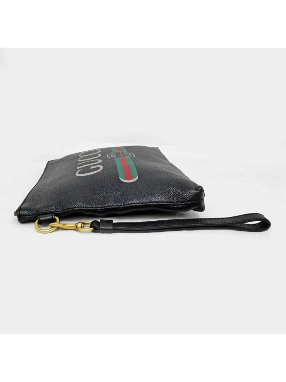 Gucci Logo Print Clutch Black Gold Leather